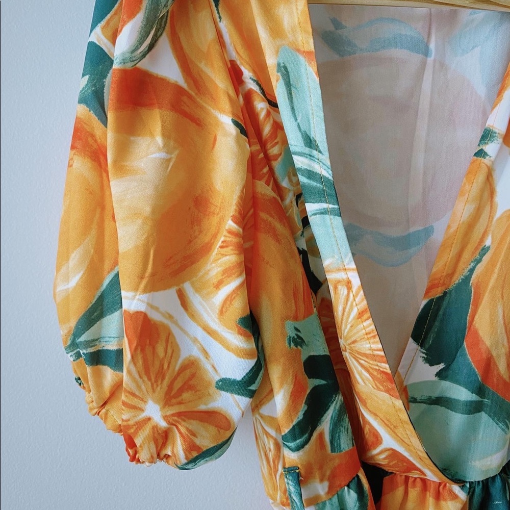 🍊Orange Pattern Puff Sleeve Tie Dress